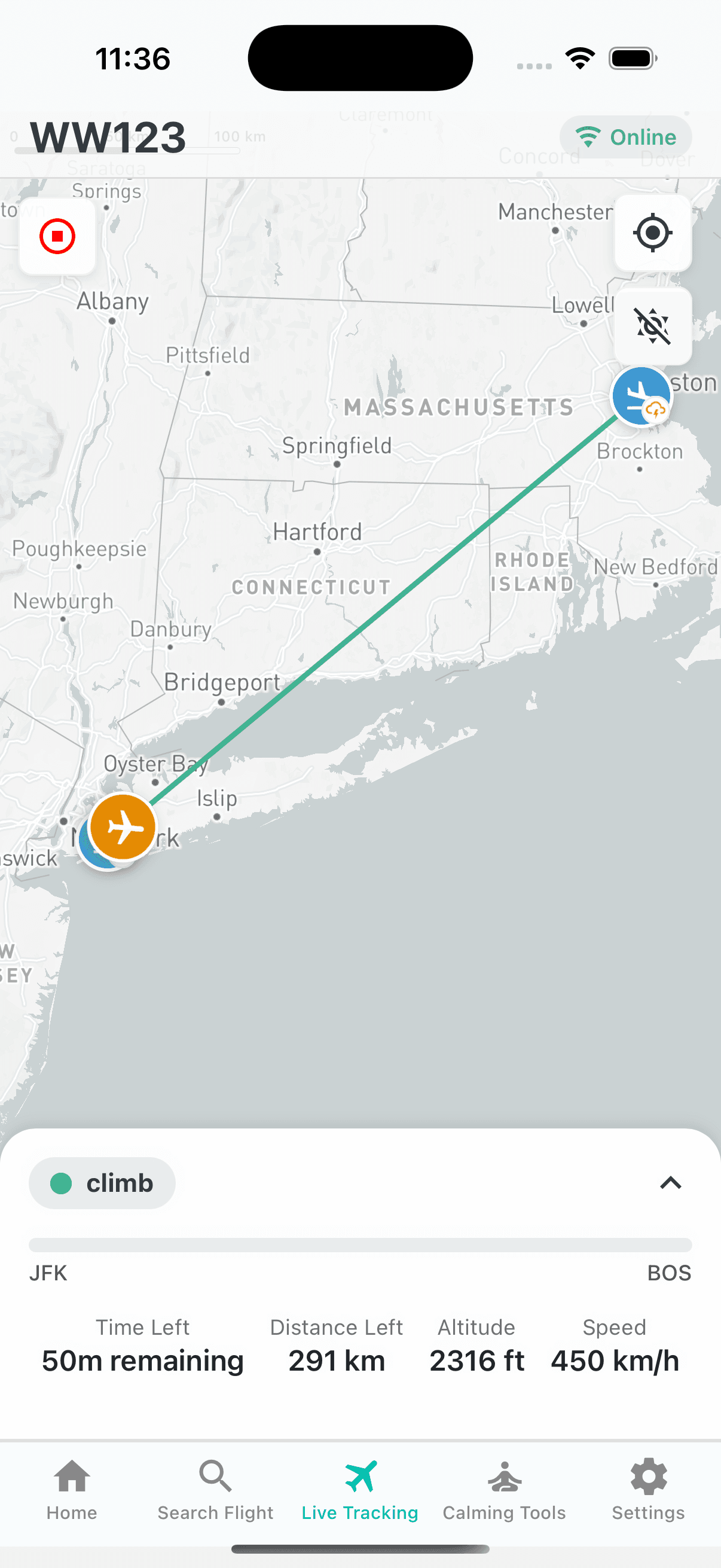 Live flight tracking on a full-screen map, with the plane on its path and altitude, speed and time remaining below.