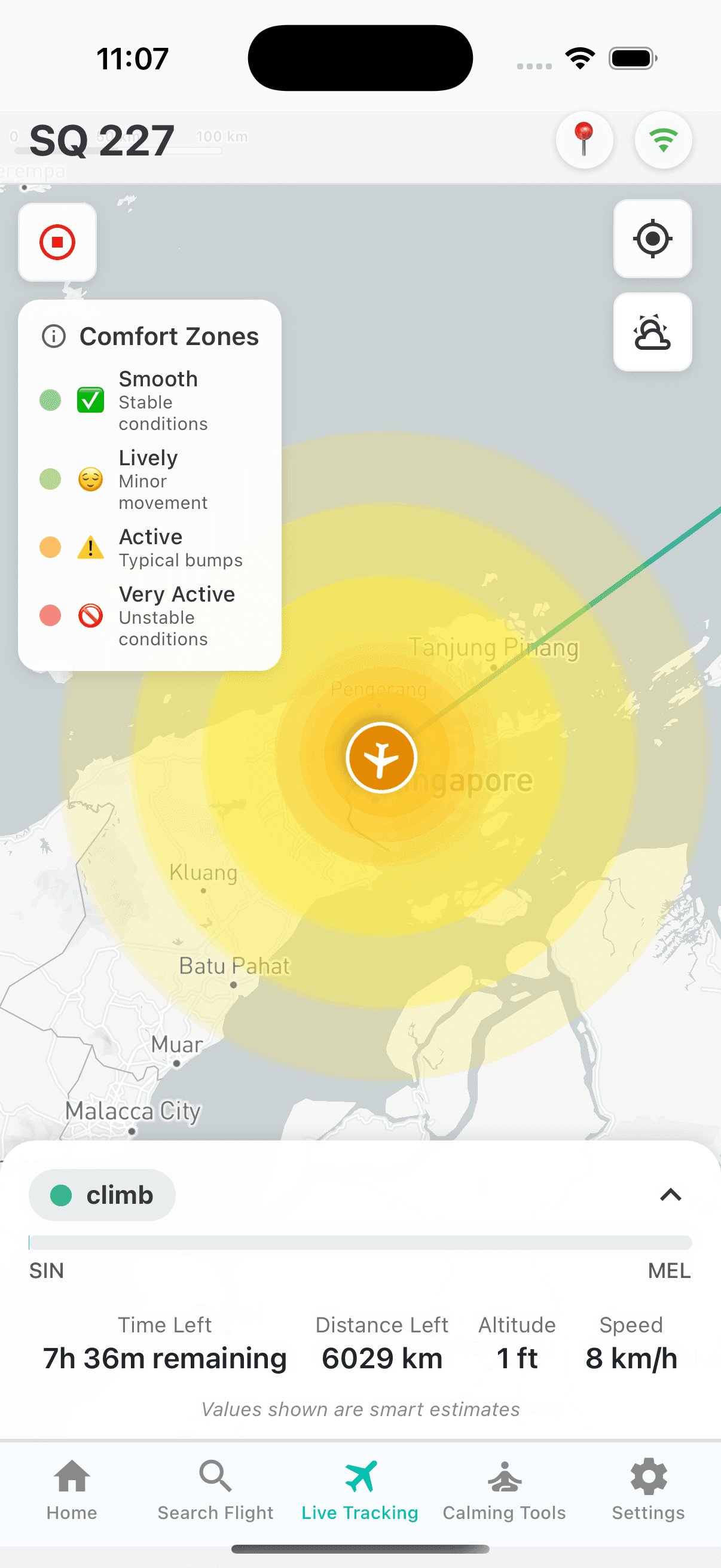 The same flight with an animated weather overlay, showing comfort zones radiating around the aircraft.