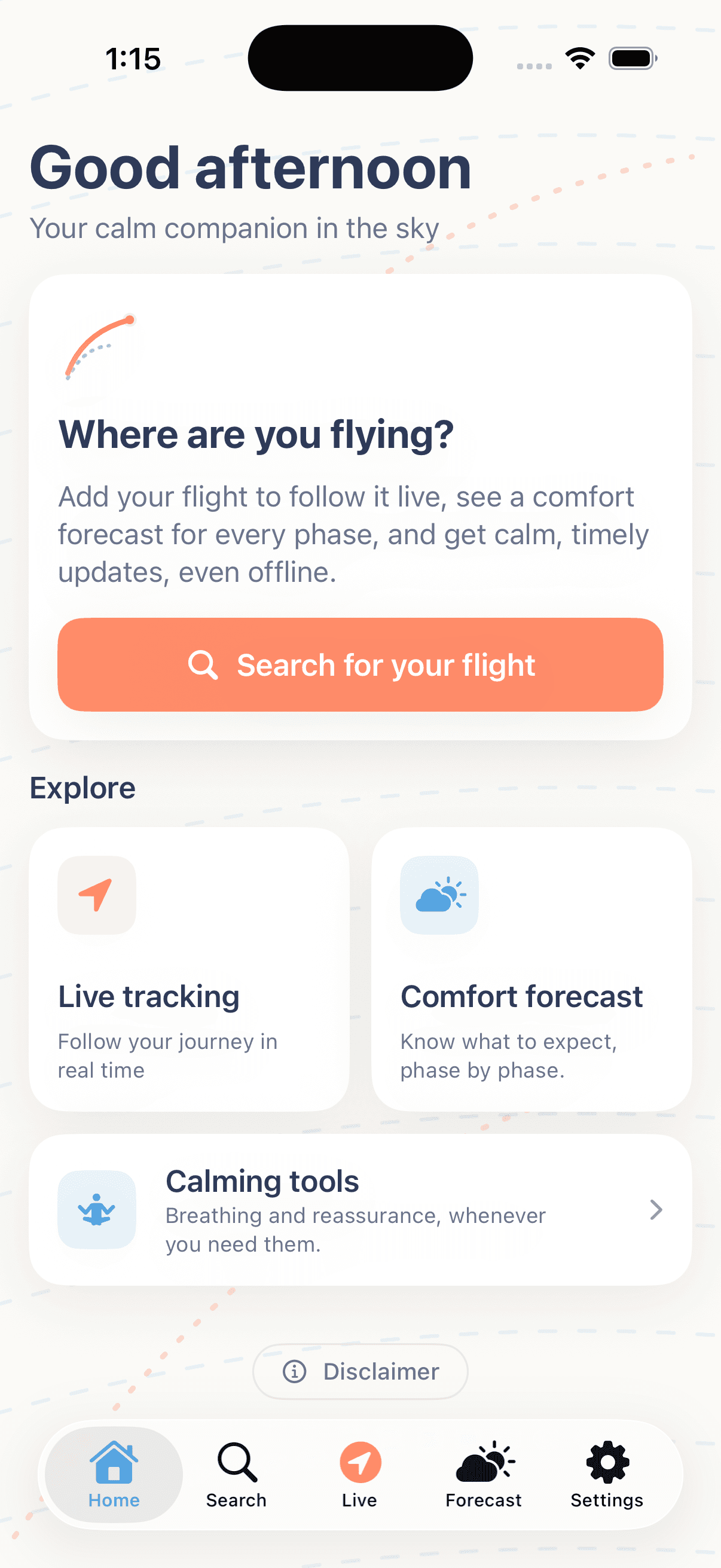 Voya home screen: a calm welcome that invites you to search for your flight.
