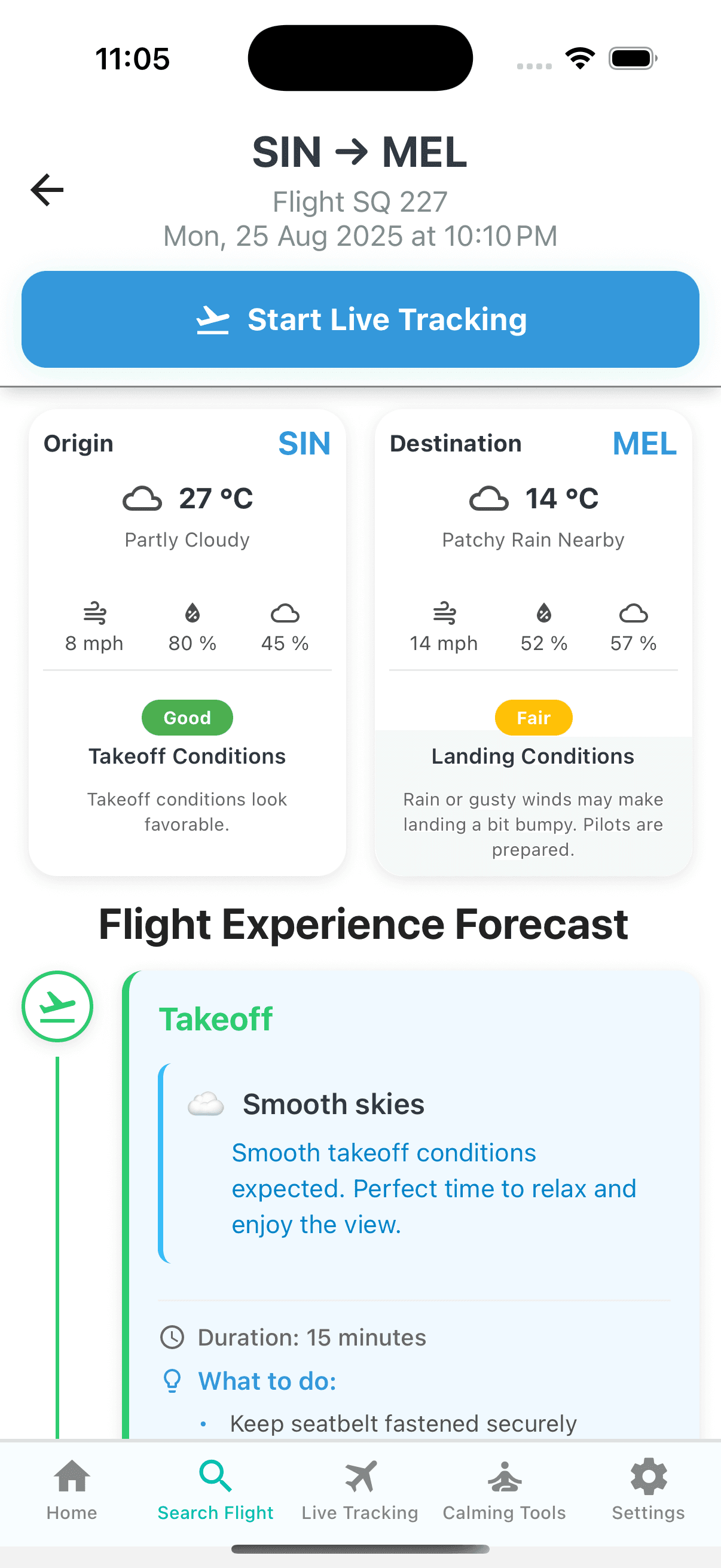 Comfort forecast for a SIN to MEL flight, showing smooth takeoff conditions and a phase-by-phase flight experience timeline.